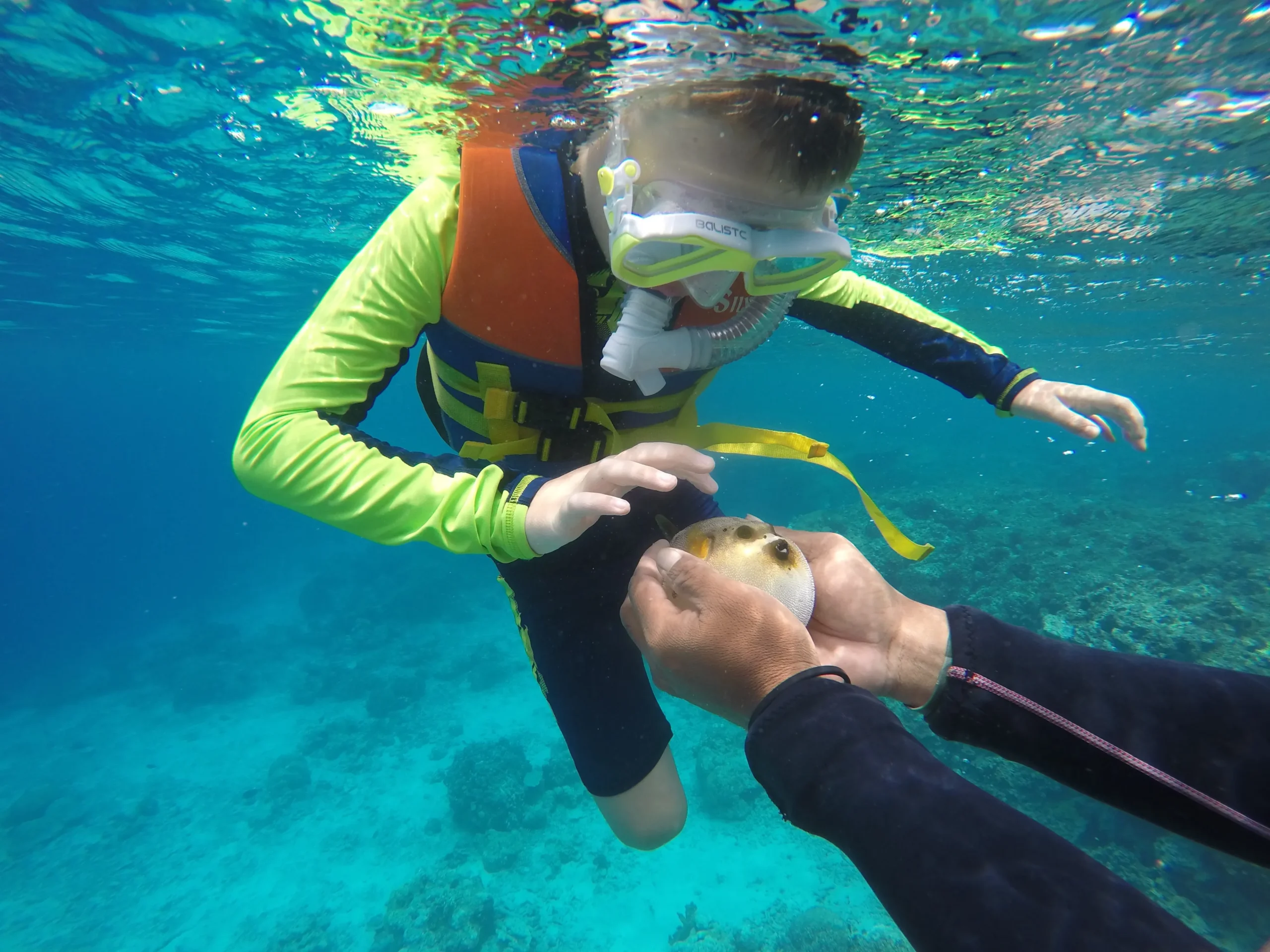 Kind met reddingsvest en snorkel ontdekt onder water het zeeleven tijdens een snorkelexcursie in Hurghada